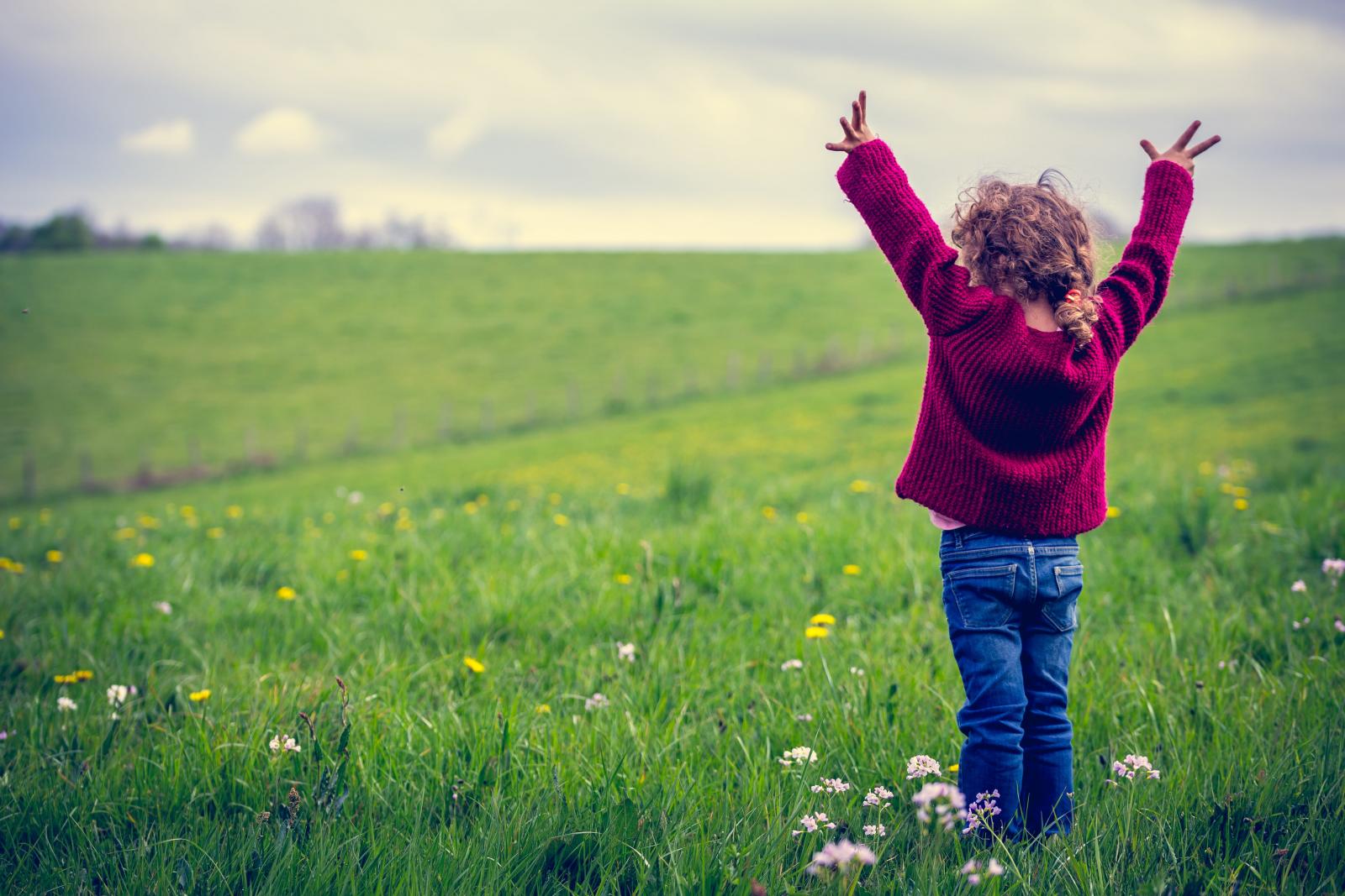 Une jeune enfant de dos, devant un grand champ de verdure